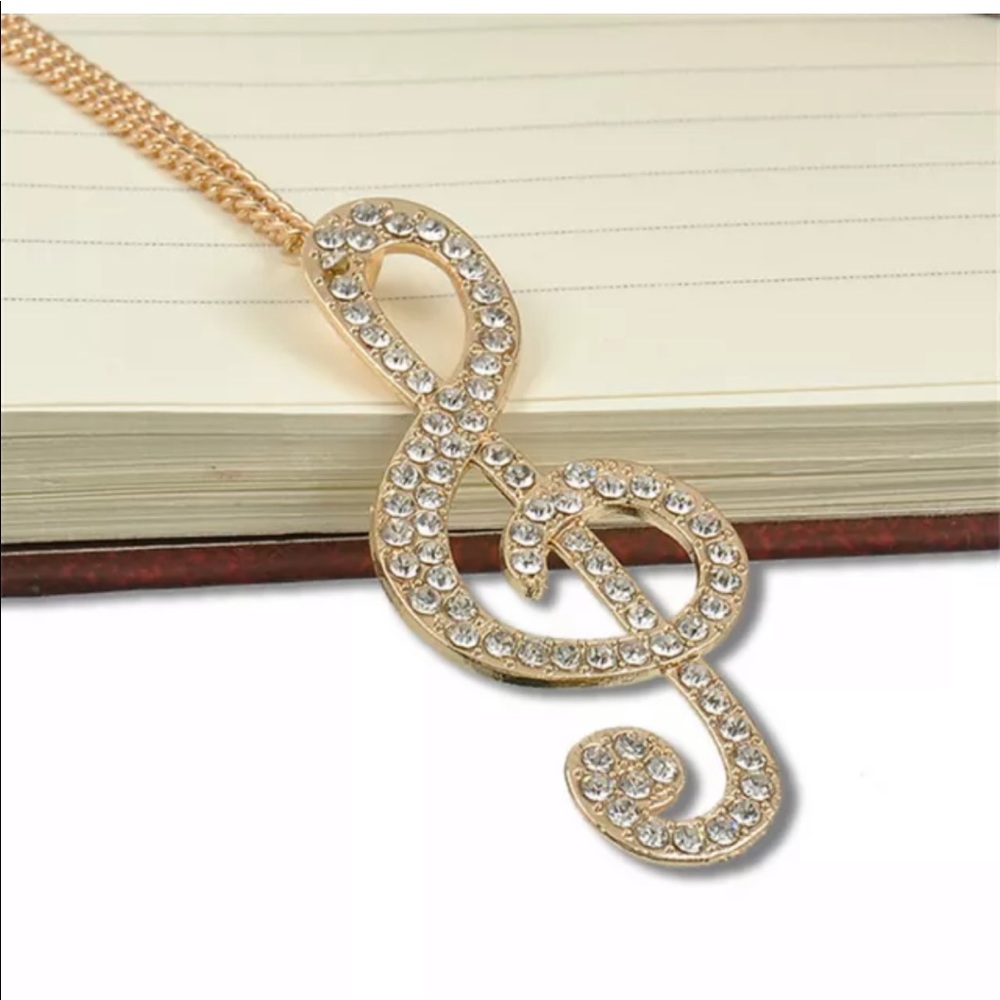 Gold crystal music note rhythm long chain necklace - Picture 6 of 7